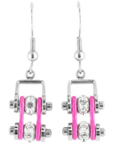 Load image into Gallery viewer, Ladies Silver/Pink Bling Mini Bike Chain Dangle Earrings Stainless Steel SE54