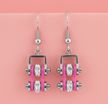 Load image into Gallery viewer, Ladies Silver/Pink Bling Mini Bike Chain Dangle Earrings Stainless Steel SE54