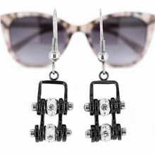 Load image into Gallery viewer, Ladies All Black &amp; Bling Mini Bike Chain Dangle Earrings French Wires Stainless Steel SE55