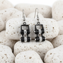 Load image into Gallery viewer, Ladies All Black &amp; Bling Mini Bike Chain Dangle Earrings French Wires Stainless Steel SE55