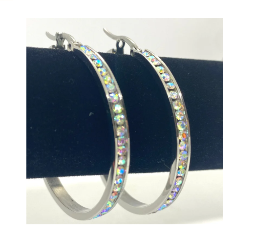Biker Jewelry Ladies Iridescent / Rainbow Bling 30 or 40mm Hoop Earrings Stainless Steel