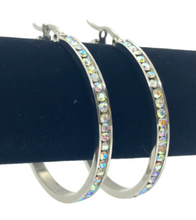 Load image into Gallery viewer, Biker Jewelry Ladies Iridescent / Rainbow Bling 30 or 40mm Hoop Earrings Stainless Steel SE56