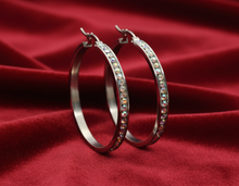 Load image into Gallery viewer, Biker Jewelry Ladies Iridescent / Rainbow Bling 30 or 40mm Hoop Earrings Stainless Steel SE56