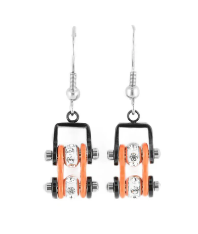 Biker Jewelry Ladies Motorcycle Bike Chain Earrings Stainless Steel Black & Orange SE57