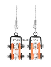 Load image into Gallery viewer, Ladies Black/Orange Bling Mini Bike Chain Dangle Earrings French Wires Stainless Steel SE57