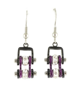 Biker Jewelry Ladies Motorcycle Bike Chain Earrings Stainless Steel Black & Candy Purple