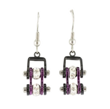 Load image into Gallery viewer, Ladies Black/Candy Purple Bling Mini Bike Chain Dangle Earrings French Wires Stainless Steel SE58