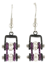 Load image into Gallery viewer, Ladies Black/Candy Purple Bling Mini Bike Chain Dangle Earrings French Wires Stainless Steel SE58