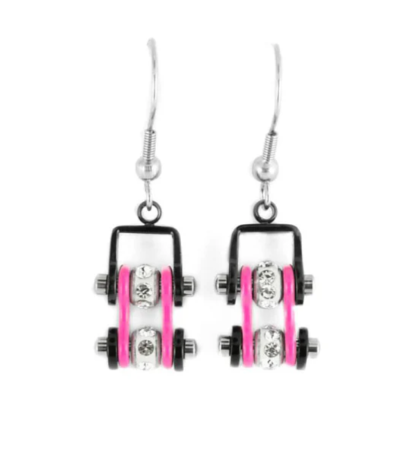 Biker Jewelry Ladies Motorcycle Mini Bike Chain Earrings Stainless Steel Black & Pink SE59