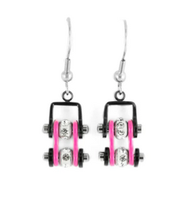 Biker Jewelry Ladies Motorcycle Mini Bike Chain Earrings Stainless Steel Black & Pink