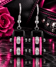 Load image into Gallery viewer, Ladies Black/Pink Bling Mini Bike Chain Dangle Earrings French Wires Stainless Steel SE59