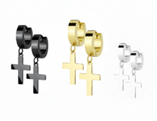 Load image into Gallery viewer, Cross Dangle Hoop Earrings Unisex 3 Colors Stainless Steel SE5