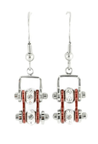 Biker Jewelry Ladies Motorcycle Mini Bike Chain Earrings Stainless Steel Chrome / Candy Red SE60