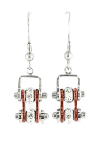 Biker Jewelry Ladies Motorcycle Mini Bike Chain Earrings Stainless Steel Chrome / Candy Red