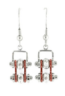 Biker Jewelry Ladies Motorcycle Mini Bike Chain Earrings Stainless Steel Chrome / Candy Red SE60