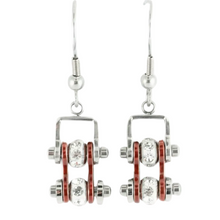 Load image into Gallery viewer, Ladies Silver/Candy Red Bling Mini Bike Chain Dangle Earrings French Wires Stainless Steel SE60