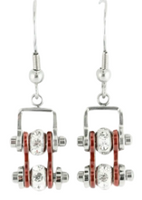 Load image into Gallery viewer, Ladies Silver/Candy Red Bling Mini Bike Chain Dangle Earrings French Wires Stainless Steel SE60