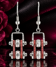 Load image into Gallery viewer, Ladies Silver/Candy Red Bling Mini Bike Chain Dangle Earrings French Wires Stainless Steel SE60