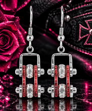 Load image into Gallery viewer, Ladies Silver/Candy Red Bling Mini Bike Chain Dangle Earrings French Wires Stainless Steel SE60