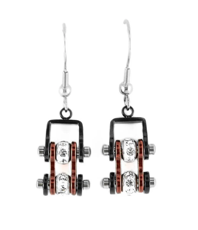 Biker Jewelry Ladies Motorcycle Bike Chain Earrings Stainless Steel Black/Candy Red SE62