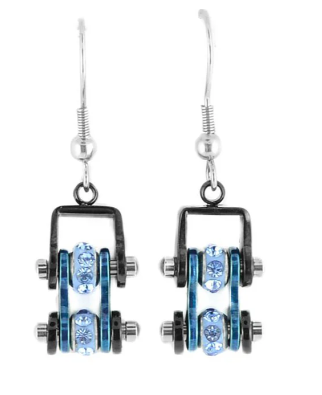 Biker Jewelry Ladies Motorcycle Bike Chain Earrings Stainless Steel Black & Blue & Blue Stones SE63