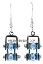 Load image into Gallery viewer, Black/Blue, Blue Stones Bling Mini Bike Chain Dangle Earrings French Wires Stainless Steel SE63