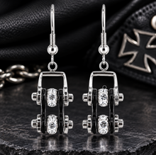 Load image into Gallery viewer, Ladies Silver/Black Bling Mini Bike Chain Dangle Earrings Stainless Steel SE65