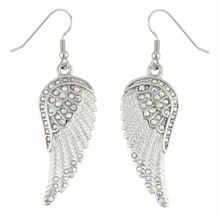 Load image into Gallery viewer, Ladies Large Silver/Iridescent Bling Angel Wing Dangle Earrings French Wires Stainless SE66