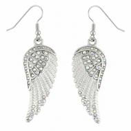 Ladies Large Silver/Iridescent Bling Angel Wing Dangle Earrings French Wires Stainless SE66
