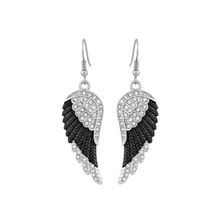 Load image into Gallery viewer, Ladies Large Black &amp; Bling Angel Wing Dangle Earrings French Wires Stainless Steel SE67