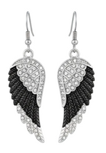 Load image into Gallery viewer, Ladies Large Black &amp; Bling Angel Wing Dangle Earrings French Wires Stainless Steel SE67