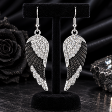 Load image into Gallery viewer, Ladies Large Black &amp; Bling Angel Wing Dangle Earrings French Wires Stainless Steel SE67