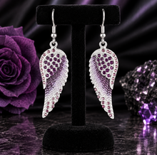 Load image into Gallery viewer, Ladies Large Silver/Purple Bling Angel Wing Dangle Earrings French Wires Stainless Steel SE68