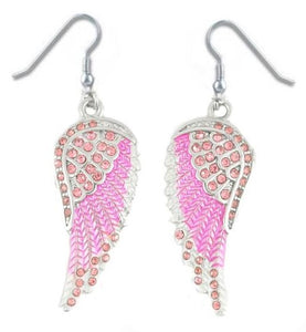 Ladies Large Pink on Pink Angel Wing Earrings with Bling Crystals