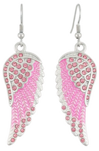 Load image into Gallery viewer, Ladies Large Silver/Pink Bling Angel Wing Dangle Earrings French Wires Stainless Steel SE69