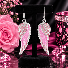 Load image into Gallery viewer, Ladies Large Silver/Pink Bling Angel Wing Dangle Earrings French Wires Stainless Steel SE69