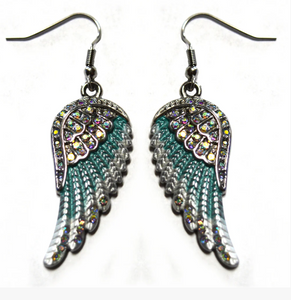 Ladies Turquoise with Iridescent Bling Stones Angel Wing Earrings