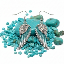 Load image into Gallery viewer, Ladies Large Silver/Turquoise Bling Angel Wing Dangle Earrings Stainless Steel SE70