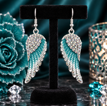 Load image into Gallery viewer, Ladies Large Silver/Turquoise Bling Angel Wing Dangle Earrings Stainless Steel SE70