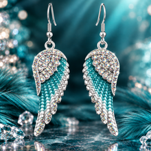 Load image into Gallery viewer, Ladies Large Silver/Turquoise Bling Angel Wing Dangle Earrings Stainless Steel SE70