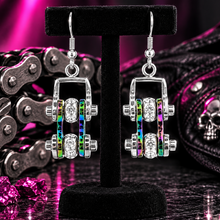 Load image into Gallery viewer, Ladies Silver/Iridescent Bling Mini Bike Chain Dangle Earrings French Wires Stainless Steel SE71
