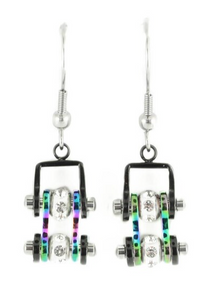 Biker Jewelry Ladies Bike Chain Earrings Stainless Steel Two Tone Black Rainbow with Crystal Centers
