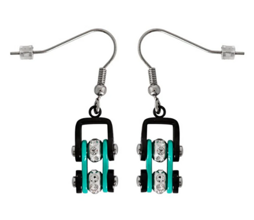 Biker Jewelry Ladies Motorcycle Mini Bike Chain Earrings Stainless Steel Black & Turquoise SE73