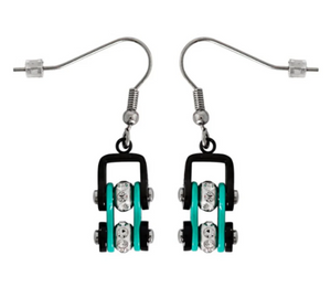 Biker Jewelry Ladies Motorcycle Mini Bike Chain Earrings Stainless Steel Black & Turquoise
