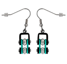 Load image into Gallery viewer, Ladies Black/Turquoise Bling Mini Bike Chain Dangle Earrings French Wires Stainless Steel SE73