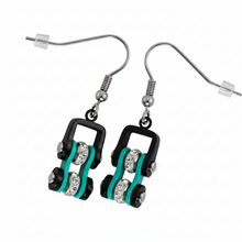 Load image into Gallery viewer, Ladies Black/Turquoise Bling Mini Bike Chain Dangle Earrings French Wires Stainless Steel SE73