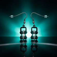 Load image into Gallery viewer, Ladies Black/Turquoise Bling Mini Bike Chain Dangle Earrings French Wires Stainless Steel SE73