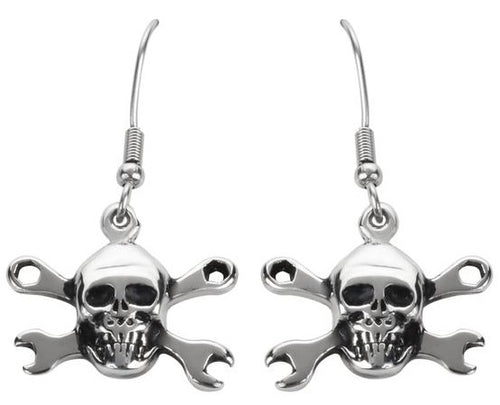 Biker Jewelry Skull & Wrenches French Wire Earrings Stainless Steel