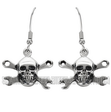 Load image into Gallery viewer, CrossWrench Skull Dangle Earrings Unisex 2 sizes Stainless Steel SE7