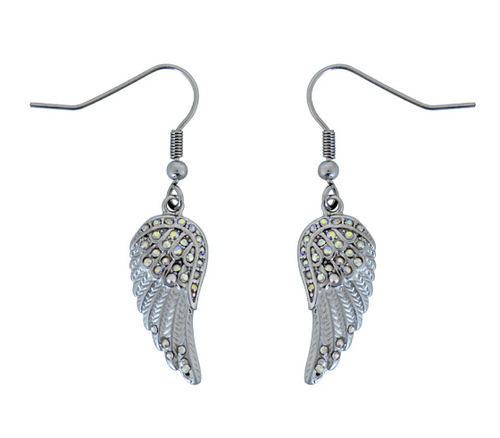 Ladies Mini Iridescent / Rainbow Angel Wing Earrings with Crystals